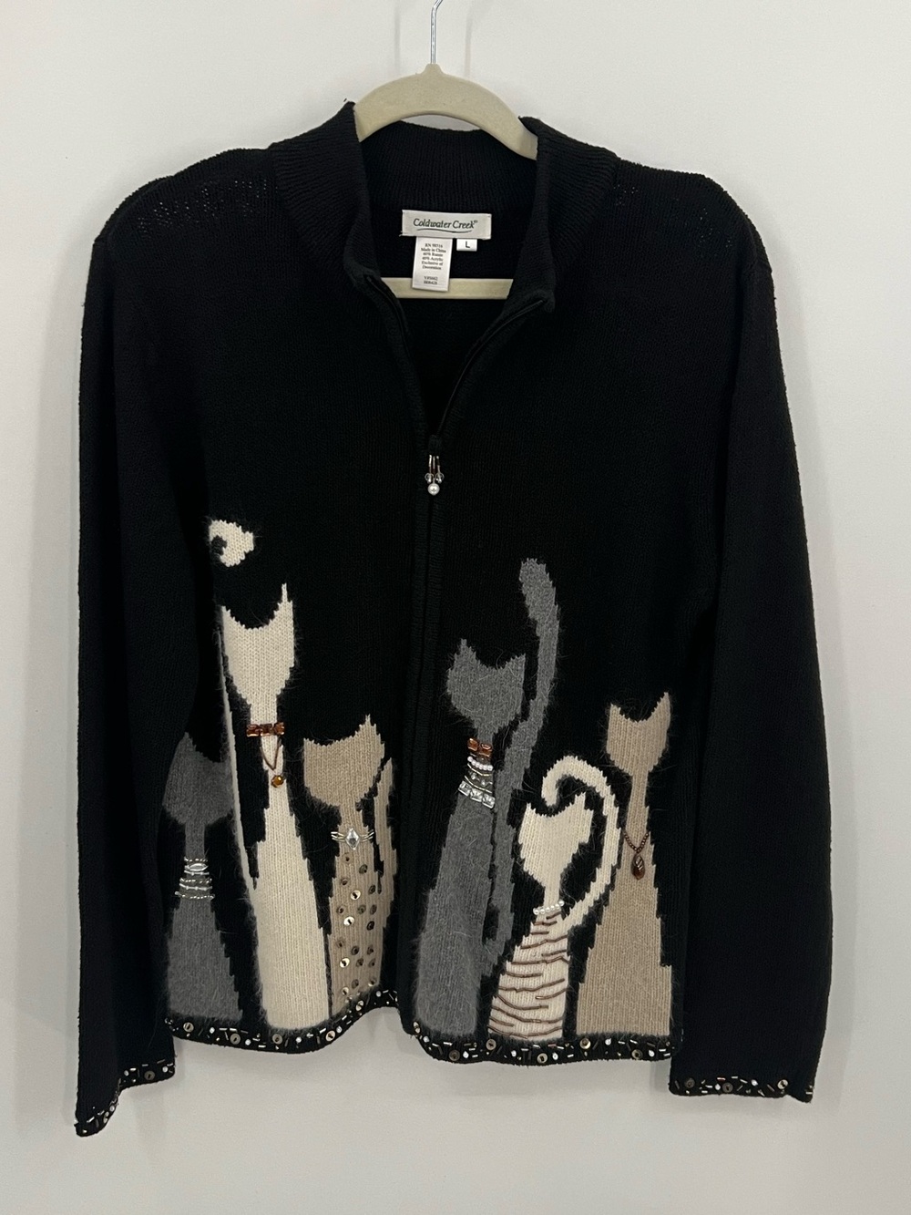 Coldwater Creek Black Sweater Cardigan with Gray, Cream & Tan Cat Motif
